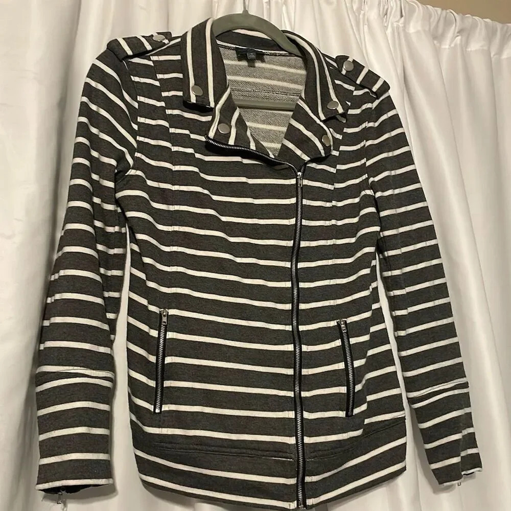 Market & Spruce Women's Zip Sweater Jacket M Gray/White Stripes Motorcycle Style